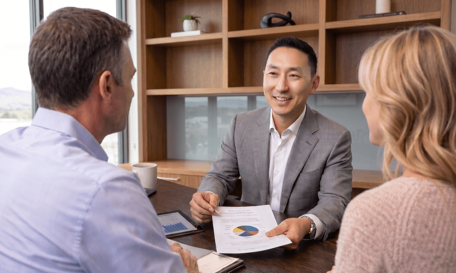 Wealth advisor reviewing a tax-optimized investment portfolio with a high-net-worth client